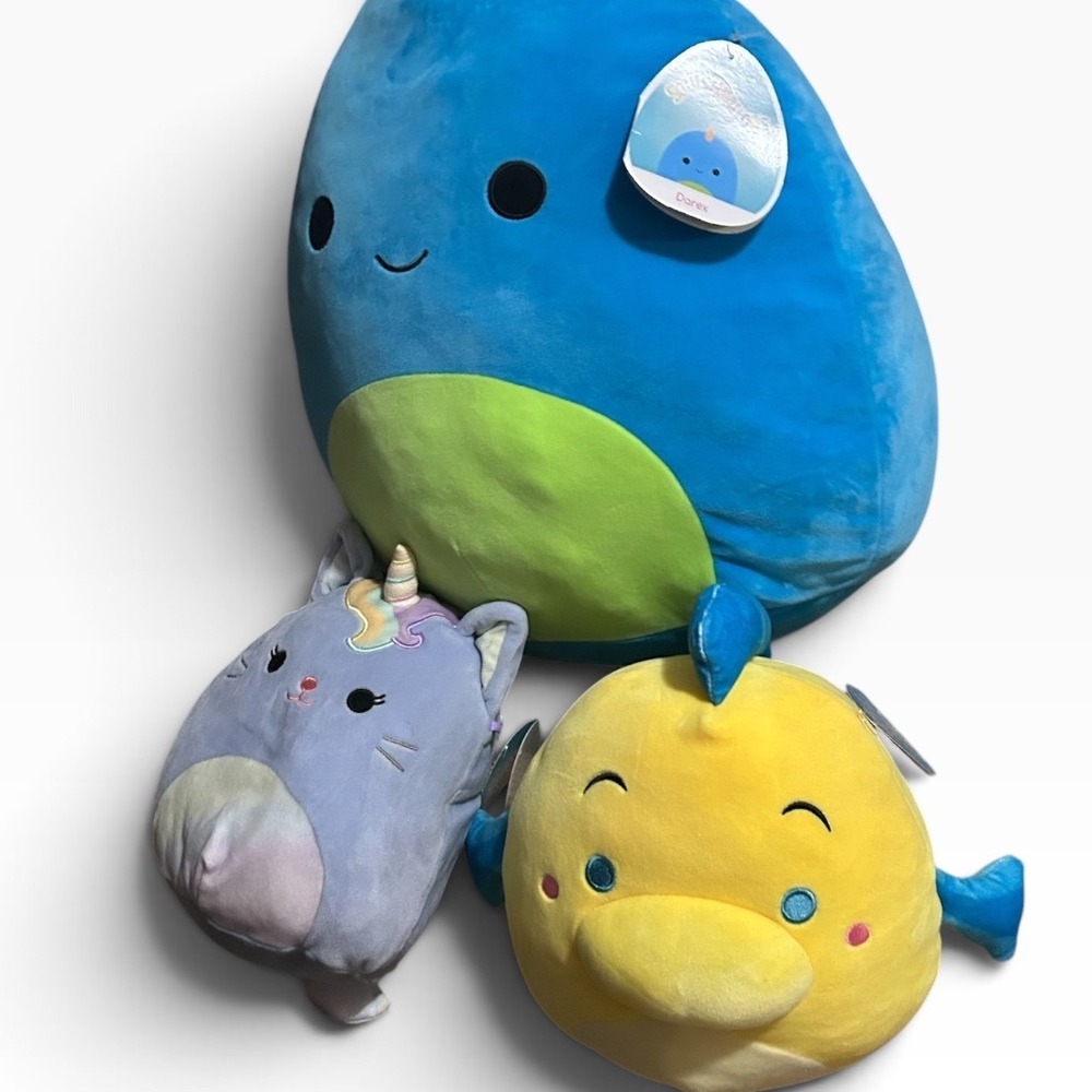 Squishmallows Lot of 3 Darex Dino Clarice Caticorn Disney Flounder Plush NWT